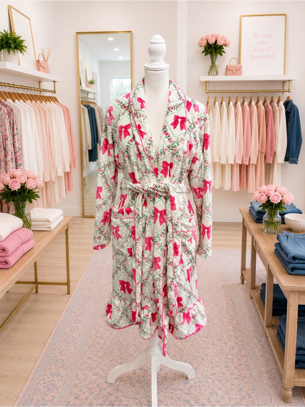 Jess Lea Pink Bow Floral Housecoat Robe Regular or Plus Size NWOT